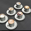 Six Cups of Latte Coffee with Different Latte Art on Dark Wooden Table