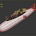 White And Brown Military Submarine With Yellow Tail Fins And Top Weapon Structures