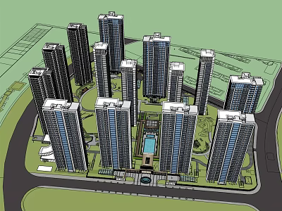 Modern High Rise Residential Complex Featuring Multiple Towers and Central Landscaped Area 3d model