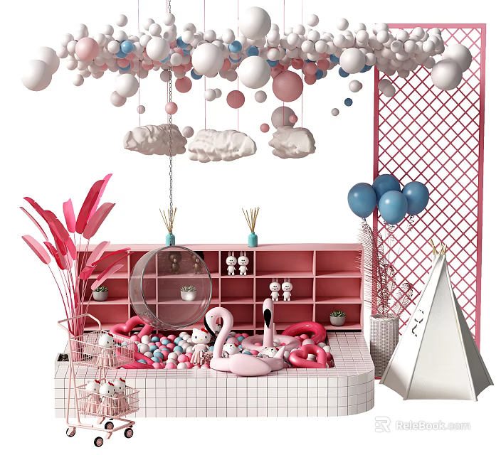 Colorful Kids Play Area With Ball Pit Pink Flamingos Cloud Decorations And Balloons 3d model 