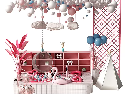 Colorful Kids Play Area With Ball Pit Pink Flamingos Cloud Decorations And Balloons 3d model