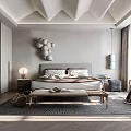 Modern Bedroom Interior With Wooden Bed Frame Large Window Decorative Wall Art And Area Rug