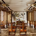 Traditional Chinese Restaurant Interior With Wooden Screens And Dining Tables