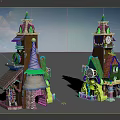 Cartoon Style Fairy Tale Houses With Colorful Roofs Tower Structures And Clock Details