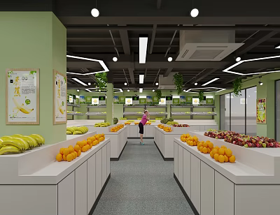 Fruit Store Interior With Green Walls White Shelves Bananas Oranges Apples And Customer Shopping 3d model
