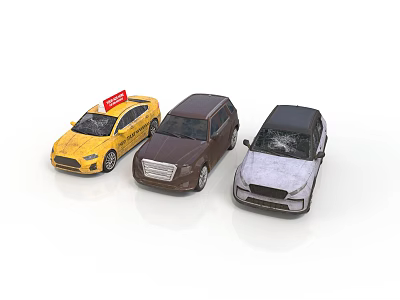 Three Toy Cars in Different Colors Including Yellow Taxi and Brown Silver Models 3d model