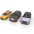 Three Toy Cars in Different Colors Including Yellow Taxi and Brown Silver Models