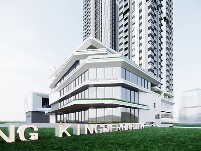 Modern Kingsford School Building With Glass Curtain Wall Green Lawn And High Rise Surroundings 3d model