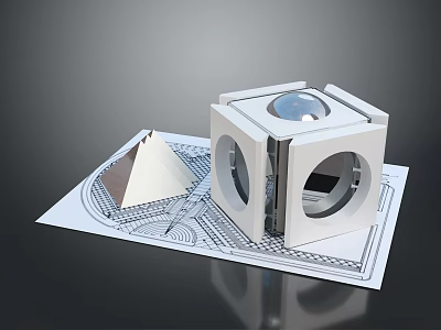Futuristic Cube Structure With Spherical Dome And Pyramid On Technical Blueprint 3d model
