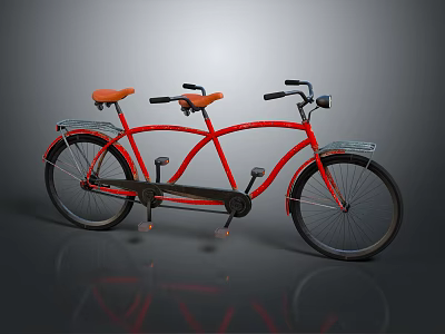 Red Tandem Bicycle With Orange Seats Rear Baskets And Classic Design 3d model