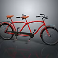 Red Tandem Bicycle With Orange Seats Rear Baskets And Classic Design