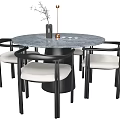 Modern Round Marble Tabletop Dining Table Set With Black Frame And White Upholstered Four Chairs 3d model