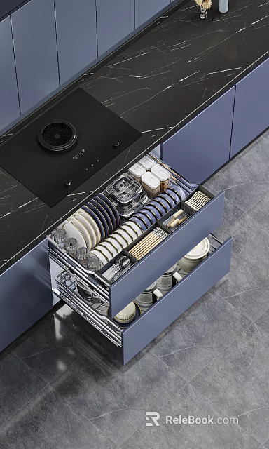 Modern Kitchen Cabinets Featuring Organized Drawers with Dishes Containers and Black Marble Countertop 3d model 