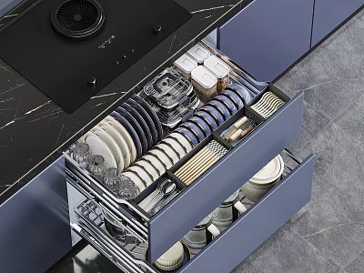 Modern Kitchen Cabinets Featuring Organized Drawers with Dishes Containers and Black Marble Countertop 3d model
