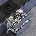 Modern Kitchen Cabinets Featuring Organized Drawers with Dishes Containers and Black Marble Countertop