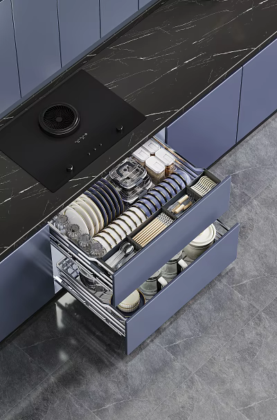 Modern Kitchen Cabinets Featuring Organized Drawers with Dishes Containers and Black Marble Countertop 3d model