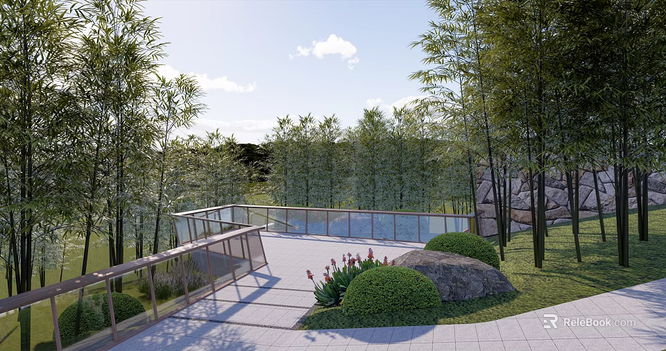 Scenic Road Facilities With Glass Railing Walkway Bamboo Trees And Rock Features 3d model 