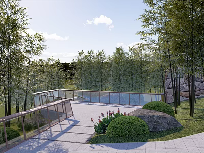 Scenic Road Facilities With Glass Railing Walkway Bamboo Trees And Rock Features 3d model