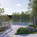 Scenic Road Facilities With Glass Railing Walkway Bamboo Trees And Rock Features