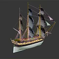 Detailed Model Sailing Ship With Multiple Masts White Sails And Reflective Surface