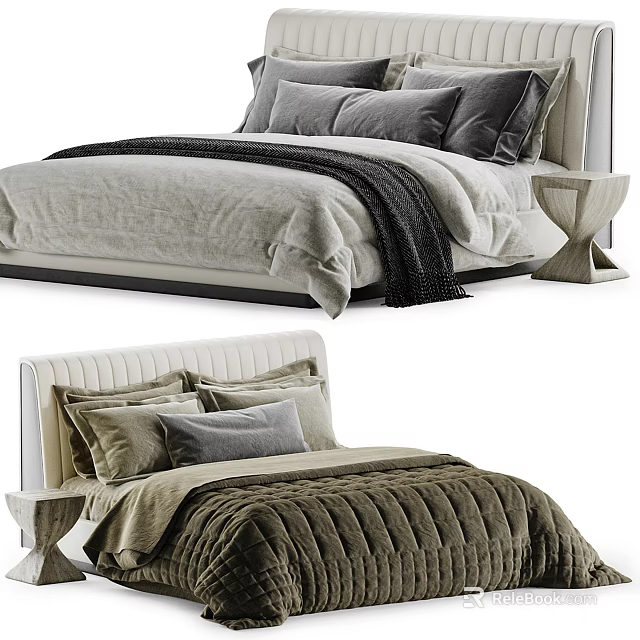 Modern Double Bed Design With Plush Gray Blanket Soft Beige Pillows And Nightstand 3d model 