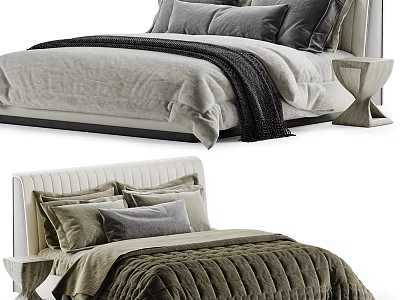 Modern Double Bed Design With Plush Gray Blanket Soft Beige Pillows And Nightstand 3d model