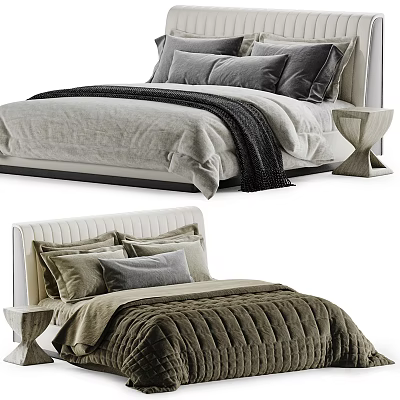 Modern Double Bed Design With Plush Gray Blanket Soft Beige Pillows And Nightstand 3d model