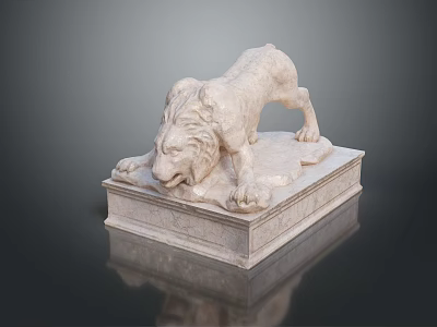Detailed Marble Lion Sculpture In Reclining Pose With Open Mouth On Square Pedestal 3d model