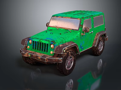 Green Off Road Jeep With Worn Paint And Muddy Exterior Details 3d model