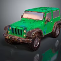 Green Off Road Jeep With Worn Paint And Muddy Exterior Details