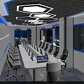 Modern Control Room Interior With Curved Consoles Multiple Monitors And Blue Chairs