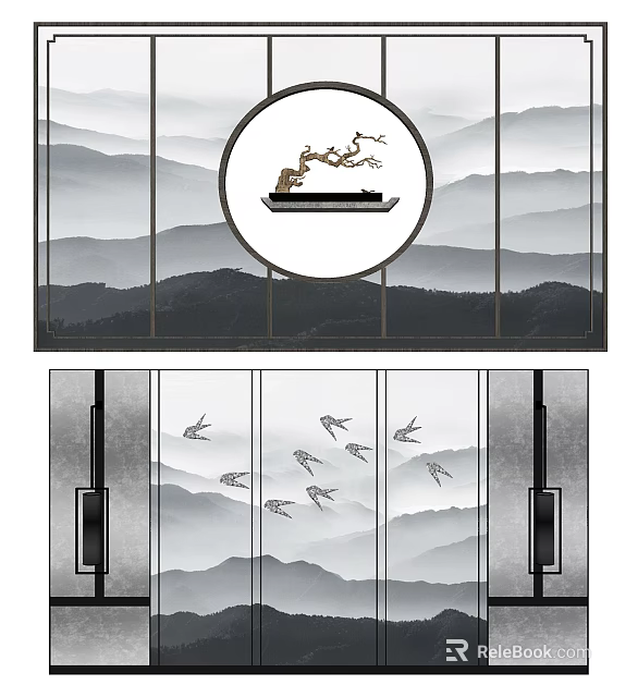Chinese Style Background Wall With Circular Mountain Landscape And Flying Birds Design 3d model