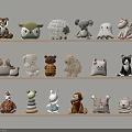 Various Animal Shaped Dolls Arranged On Three Wooden Shelves