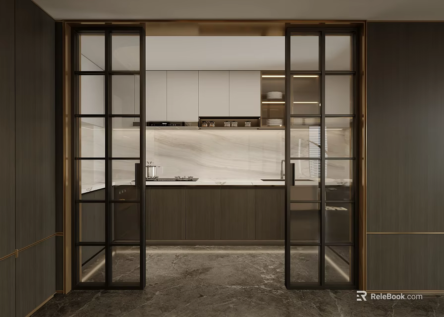 Modern Kitchen Interior With Glass Sliding Doors And Wooden Cabinets Marble Countertop 3d model 