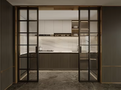 Modern Kitchen Interior With Glass Sliding Doors And Wooden Cabinets Marble Countertop 3d model
