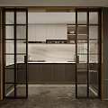Modern Kitchen Interior With Glass Sliding Doors And Wooden Cabinets Marble Countertop