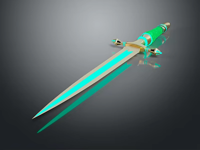 Decorative Sword With Green Handle Golden Decorations And Blue Reflective Blade On Dark Background 3d model