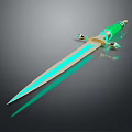 Decorative Sword With Green Handle Golden Decorations And Blue Reflective Blade On Dark Background