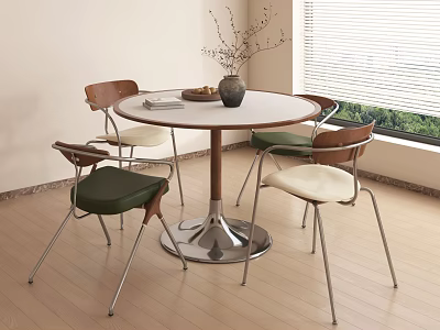 Round Table and Chairs with White Tabletop Metal Base Wooden Back Green Beige Seats 3d model