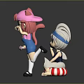 Cute Game and Movie Characters with White Hair Blue Swimsuit Pink Cat Ears Blue Shorts