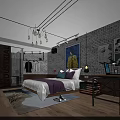 Industrial Style Hotel Room Interior with Brick Wall Purple Bedding Desk and Decorative Paintings