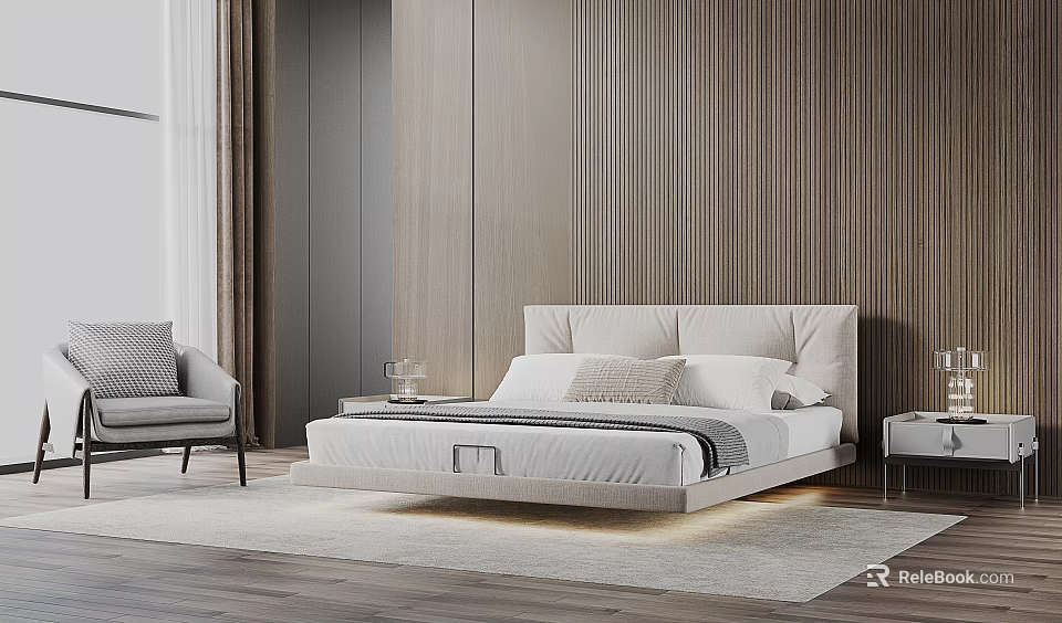 Modern Elegant Double Bed in Bedroom with Beige Headboard Wooden Wall Rug Nightstand and Armchair 3d model 