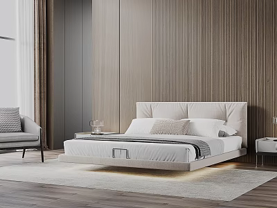 Modern Elegant Double Bed in Bedroom with Beige Headboard Wooden Wall Rug Nightstand and Armchair 3d model