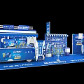 Blue Themed Exhibition Booths With Product Displays And Brand Logos Design