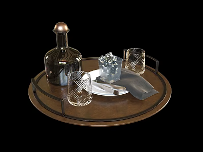 Etched Drinking Glasses on Round Bronze Tray with Dark Bottle and Silver Container 3d model