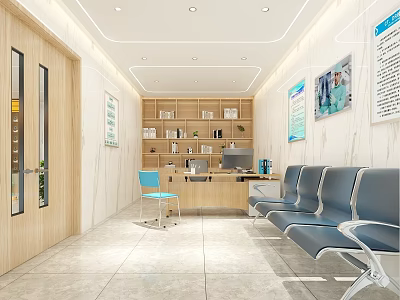 Bright Modern Medical Waiting Area With Blue Gray Chairs Reception Desk And Bookshelf 3d model