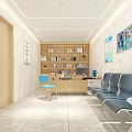 Bright Modern Medical Waiting Area With Blue Gray Chairs Reception Desk And Bookshelf