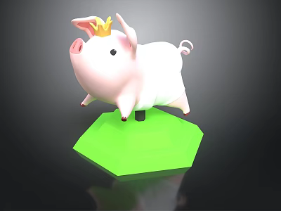 Cute 3D Pig Model With Golden Crown On Green Polygonal Base 3d model