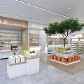 Specialty Store Interior With Green Tree Shelves And Products Display Area