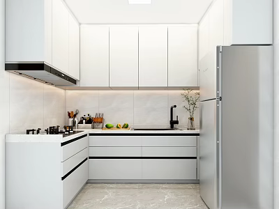 Modern Kitchen Interior with White Cabinets Marble Countertop Stainless Steel Refrigerator and Decorative Plants 3d model